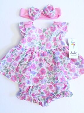Baby Starters 3-Piece Pink & Purple Floral Dress Set with Headband & Bloomers